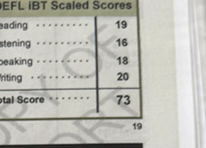 Fragmento anónimo de TOEFL iBT con resultado 73 / 120
