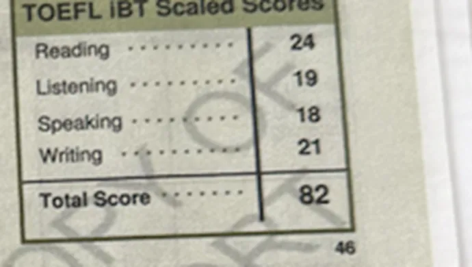 Fragmento anónimo de TOEFL iBT con resultado 82 / 120